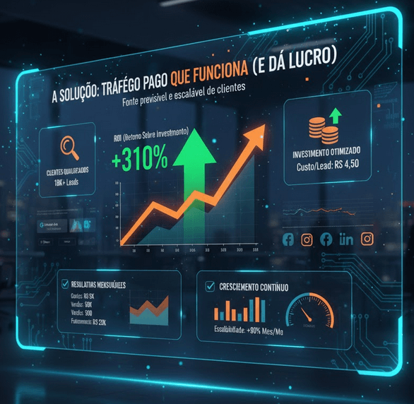 Dashboard mostrando ROI positivo de Tráfego Pago